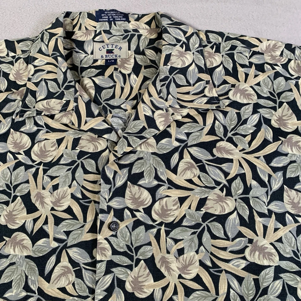 Cutter & Buck Floral Leaf Shirt Mens Large Linen Cotton Hawaiian Camp Aloha VTG - Image 2 of 4