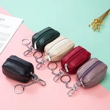 Women Small Genuine Leather Zipper Coin Purse Keychain Card Wallet Change Pouch