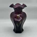 Vintage Fenton Hexagon Aubergine Purple Vase Hand Painted Signed Coneflower