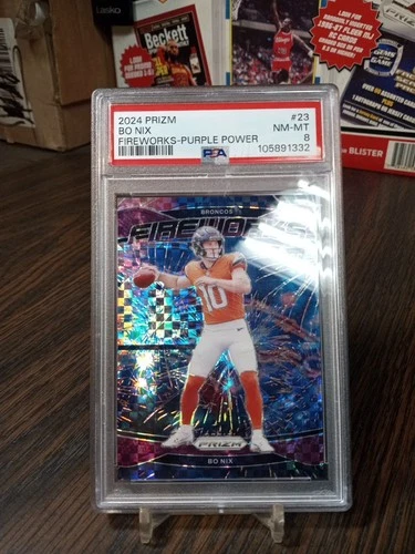 2024 Panini Prizm Bo Nix RC Fireworks Purple Power Prizm SSP 46/49 PSA 8
