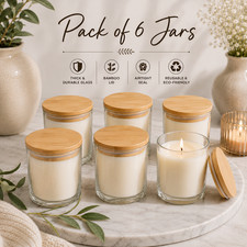 Premium 6 Pack 7oz Frosted Glass Candle Jars &ndash; Airtight Bamboo Lids for Soy Wax