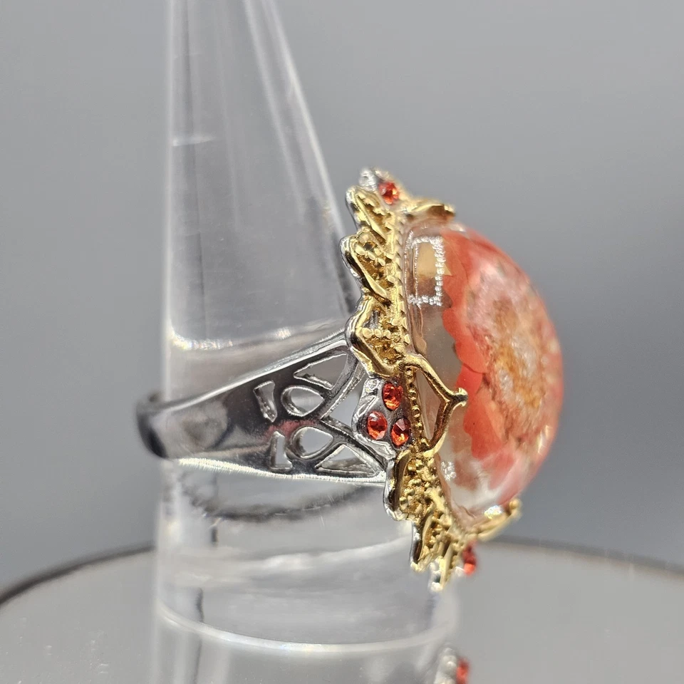 Encased Flower Dome Ring Sz 10.5 Stainless Steel Two Tone Metal Orange Petal - Image 2 of 4