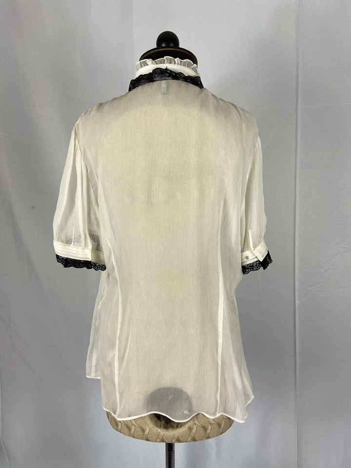 Blusa TAHARI Talla Grande Crema Seda Semi Transparente Ribete Encaje Foto 2 de 4