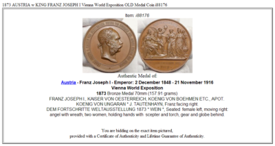1873 AUSTRIA w KING FRANZ JOSEPH I Vienna World Exposition OLD
