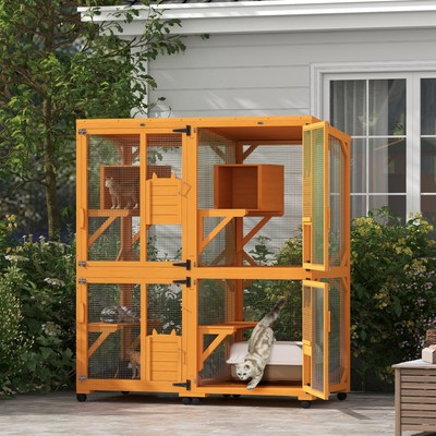 PawHut Large Wooden Cat Enclosure Outdoor, w/ Wheels, Multi Platforms