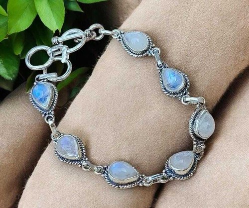 Pulsera hecha a mano de plata de ley 925 arco iris piedras preciosas joyería - Imagen 2 de 9