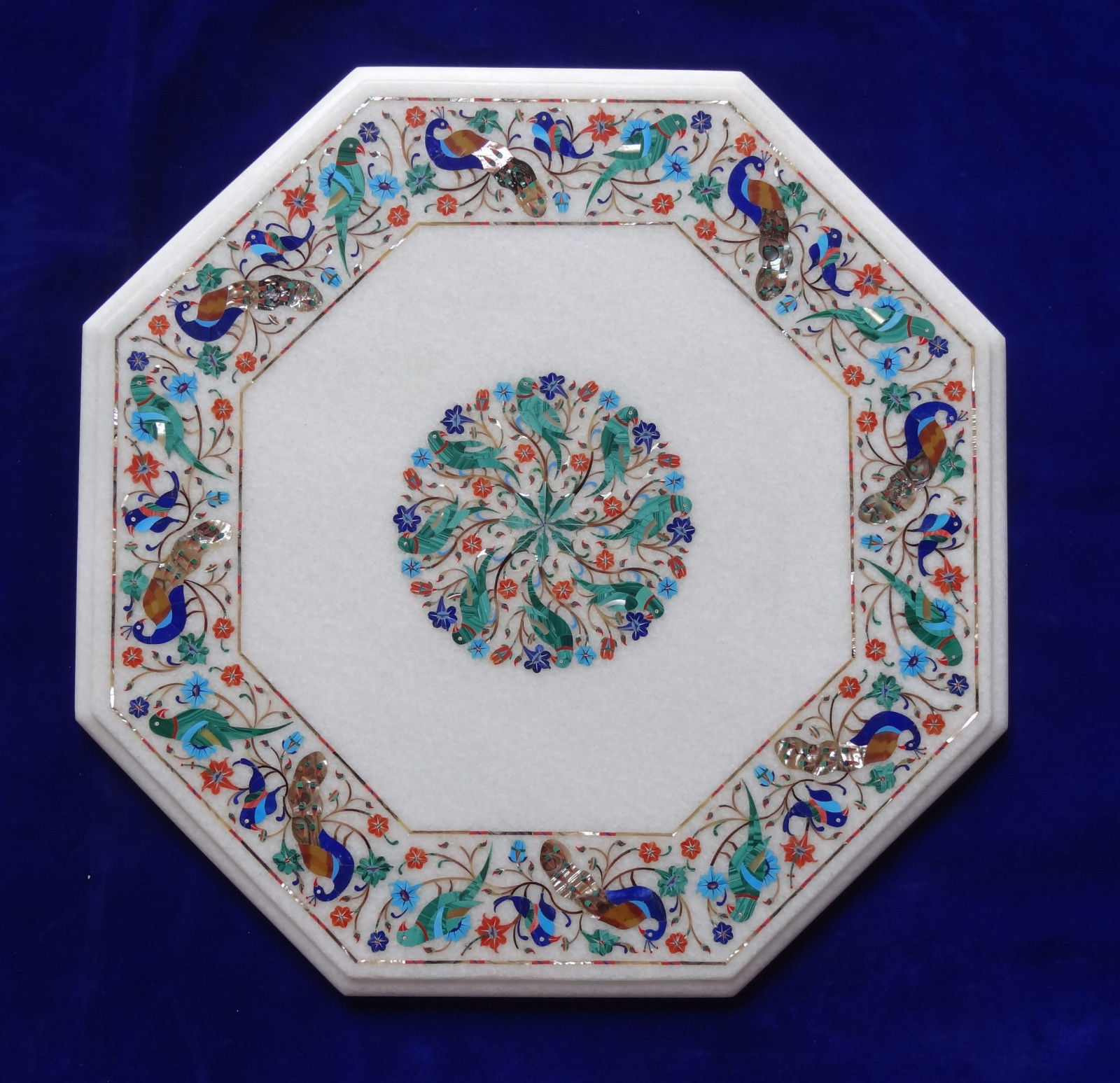 24-Inch Marble Coffee Table with Floral Semi-Precious Stone Inlay Work