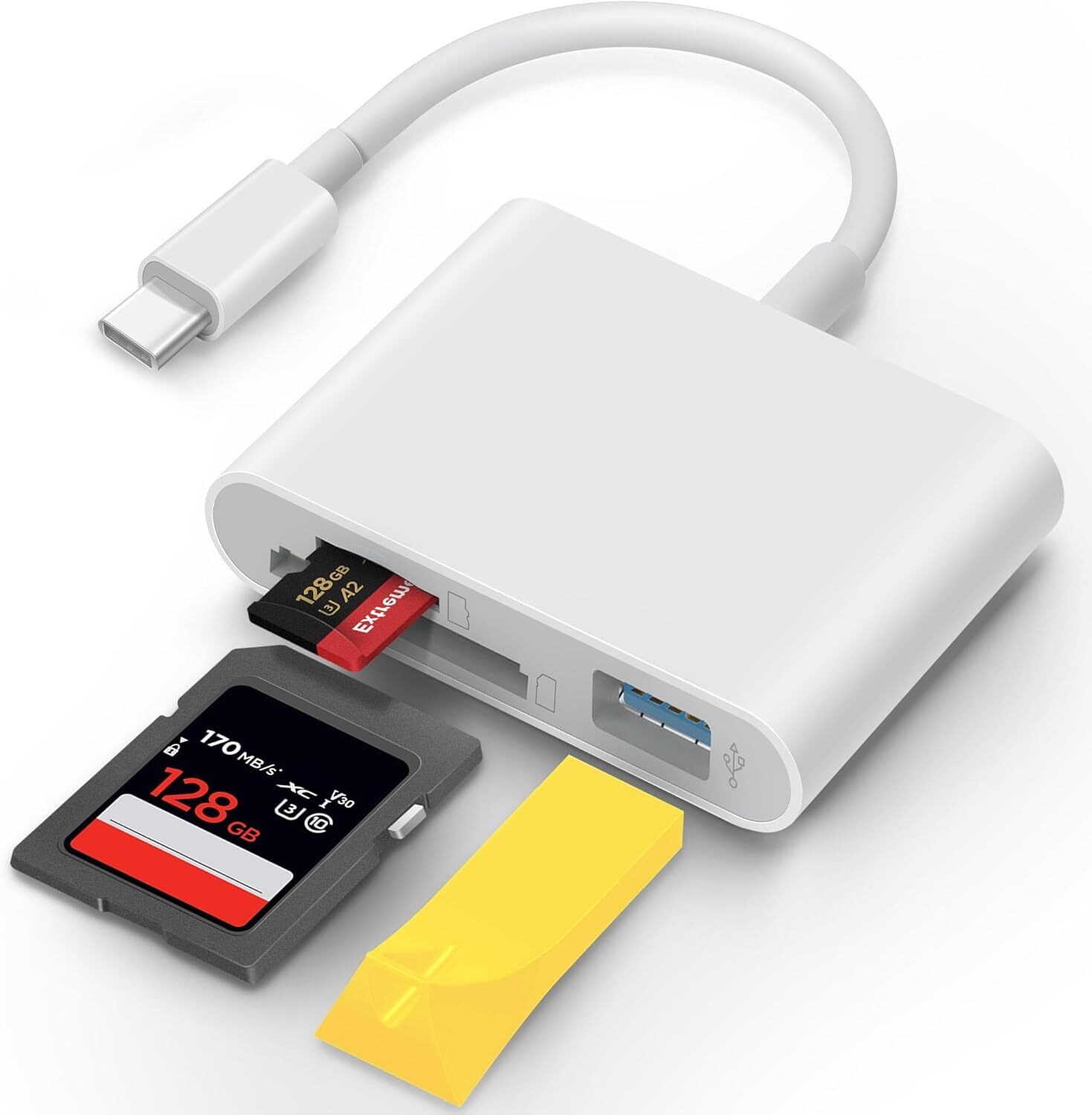 USB C SD Card Reader for iPhone 15 iPad Mac 3 in 1 One USB-C plug, White