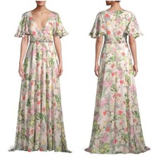NWT! 14 Mac Duggal Beaded-Waist Floral Print Ruffled Chiffon Flutter Sleeve Gown