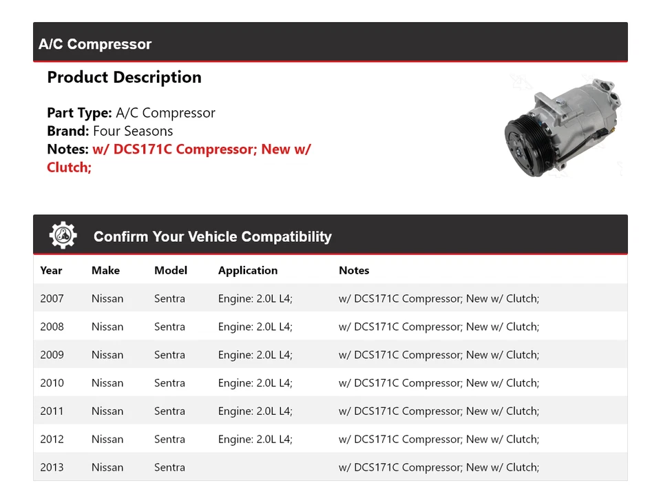 Compresor de aire acondicionado para Nissan Sentra 2007-2013 4 estaciones 2008 2009 2010 2011 2012 Foto 2 de 4
