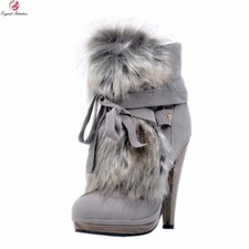 NEW Women Faux Fur Ankle Boots Platform Round Toe Kitten High Heels Casual Shoes