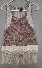 Daytrip By Buckle Tunic Top Racer Back Size Medium lace  Paisley Print  Fringe