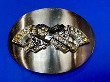 Crossed Guns Six Shooter Pistol Rhinestone Accented Huge 5.5" Belt Buckle