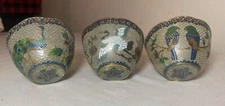 3 antique handmade Chinese enamel figural Plique a jour bronze tea cups bowl