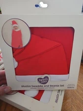 Parents Choice Muslin Swaddle and Beanie Red Cotton Infant Newborn Santa Set
