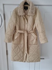 Qed London Quilted Belted Puffer Coat Rrp£100 New Cream Borg Collar