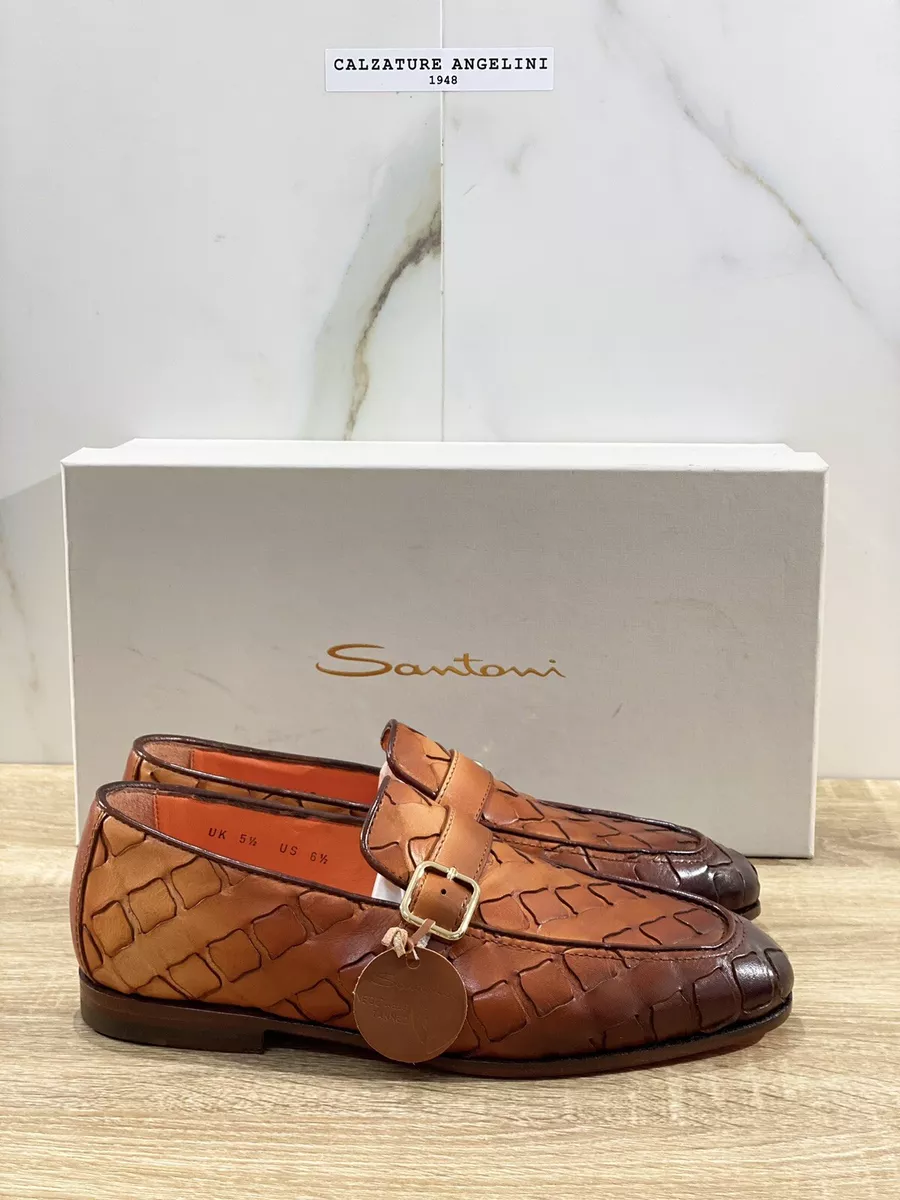 Santoni Men's Luxury Goodyear Santoni .5 Braided Leather Buckle Skin  Loafers