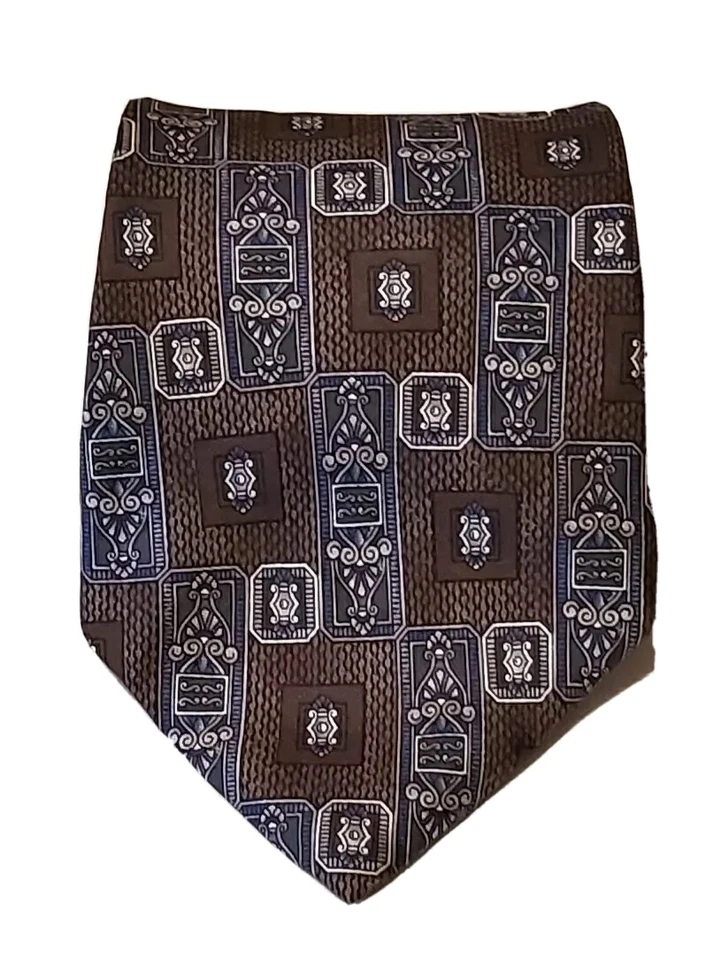 男式领带 100% 意大利丝绸几何棕色/白色 L 57 英寸 W 5 — 第 2/4 张图片