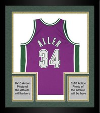 Framed Ray Allen Bucks Signed Purple Mitchell & Ness 2001-02 Swingman Jersey