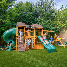 KidKraft Adventure Bend Wooden Swing Set with Three Slides