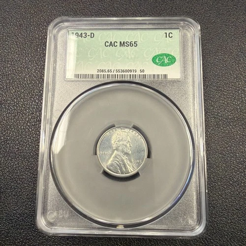 1943-D CAC MS65 Lincoln Steel Wheat Cent CACG Penny WWII