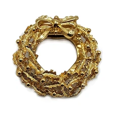 Vintage Sweater Scarf Clip Wreath Bow Gold Tone Circle Round Fur 1 1/2 Inches