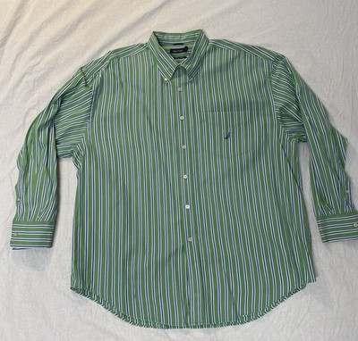Nautica Mens XXL Green Blue Stripe Button Down Shirt 80s Two Ply Cotton Lng Slve