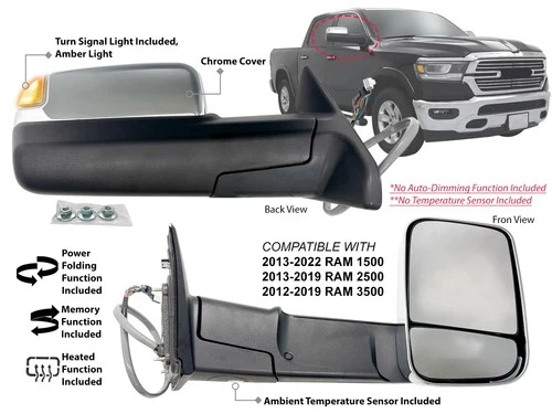 Towing Mirror for RAM Pickup Power Folding Memory Puddle Signal Passenger Side
