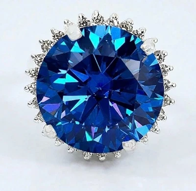 925 Silber, Wunderschöner Azurblauer Diamant Solitär Ring, 14 Kt... - Bild 1 von 4