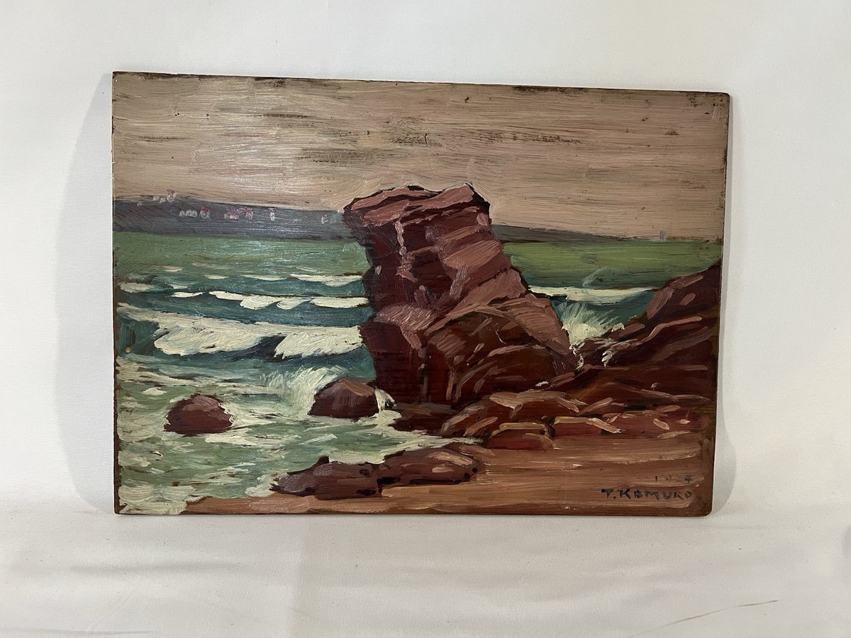 1924 Japanese Antique Coastal Oil Painting Prewar Antique Art Deco