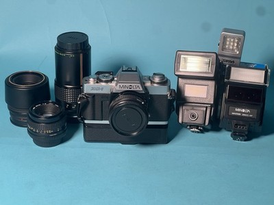 Minolta XG-1 35mm Film Camera w/ 50mm f/2, Sigma 50mm Macro, 200mm + Flashes