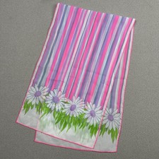 Vtg White Daisy Flowers Striped Scarf 12x44  Hand-Rolled Hot Pink Purple Floral