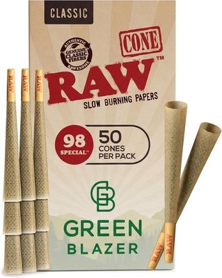 RAW Cones 98 Special Green Blazer | 50 Pack | Slow Burning w/ Pre rolled tips
