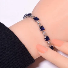 Blue Sapphire & CZ - Simulated 925 Sterling Silver Tennis Bracelet 7.99" B69216