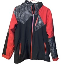 Spyder Boys Ski Jacket Size 18 Red Black Hooded Waterproof Snow Coat Youth