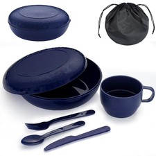 Camping Mess Kit Bowl Plate Cup Spoon Fork Knife Bag Reusable Light Gear