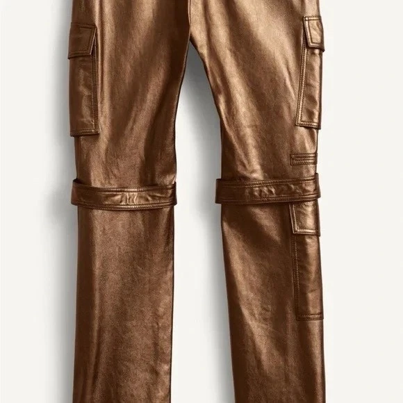 Pantalones cargo para mujer Zara SPRLS dorados metálicos marrones cuero genuino S 8 Foto 4 de 4