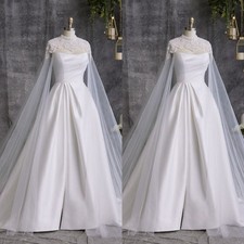 Elegant Wedding Dresses With Cape Lace Satin A Line Sweep Train Bridal Gowns