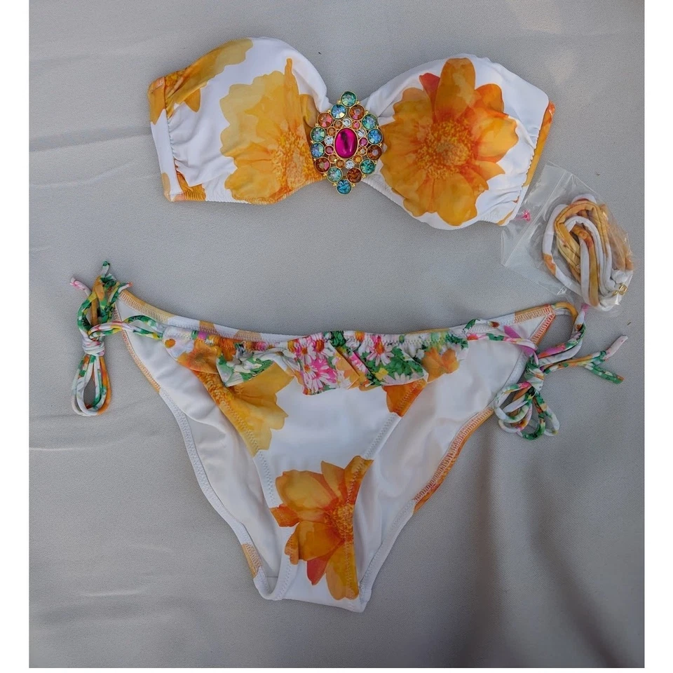 NWT Y2K Victoria’s Secret Bikini Set - Size S Top & Bottom Jeweled Floral Print - Image 3 of 4