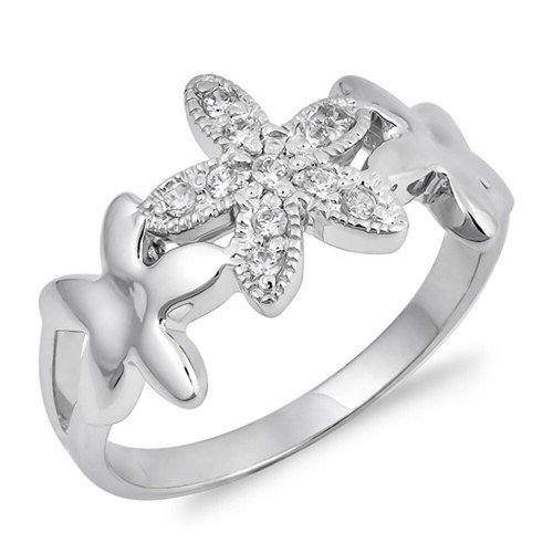 White CZ Plumeria Flower Daisy Ring - .925 Sterling Silver Band, Sizes 5-9