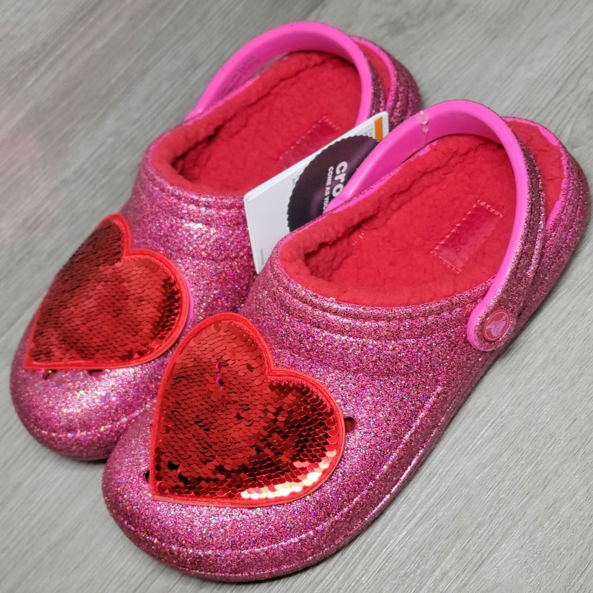 Crocs Classic Glitter Heart Valentines Day Fuzzy Lined Clogs 