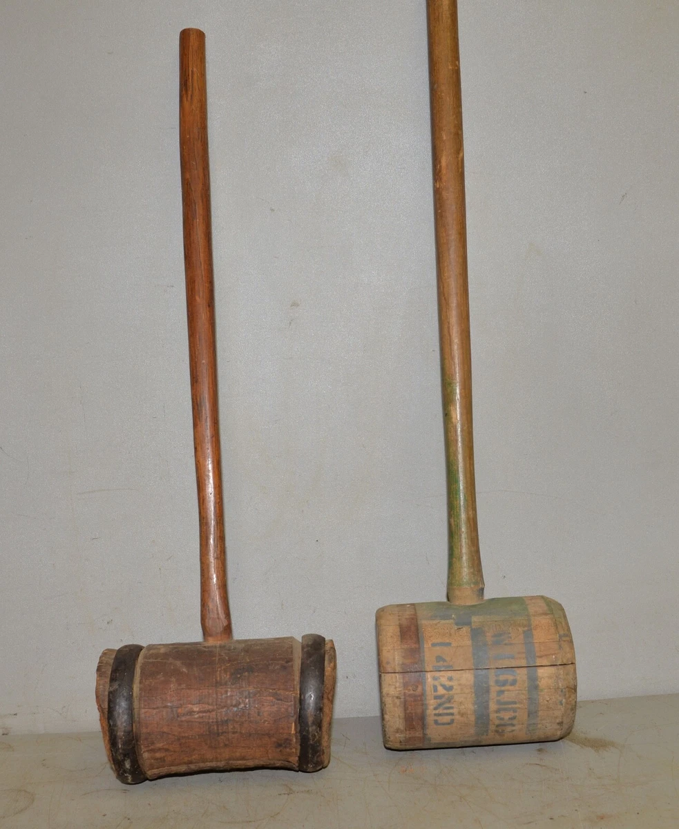 2 antique carnival heavy wooden mallet circus railroad tent collectible tool lot