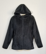 Eddie Bauer Women Large Black Fleece Jacket Full Zip Hooded Pockets Long Sleeves