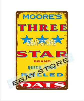 living antique-style Moore's Three Star rolled oats retro tin sign plaque