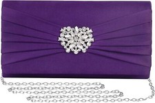 Evening Bags For Women Pleated Satin Rhinestone Brooch Prom Clutch Purple