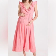 Hatch Maternity Dress "The Sarah" Ruffle Gauzy Cotton Cottagecore Midi Pink