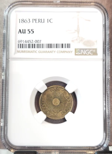 1863 PERU 1 CENTAVO RADIANT SUN NGC AU 55 NICE COIN