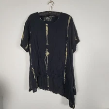 Exotica Carmel Womens Asymmetrical Black & Gold Printed Tunic Top Short Sleeve