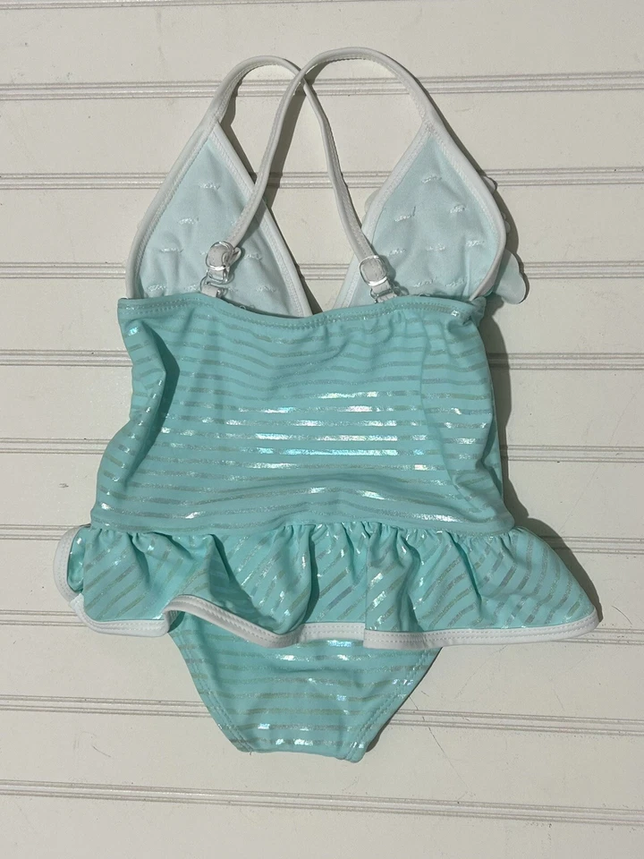 Maiô Floatimini feminino 4T listrado azul cintilante brilhante babado biquíni praia anos 70 - Imagem 3 de 4