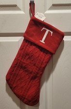 Holiday Time Red Knit Monogram T Stocking 17" New